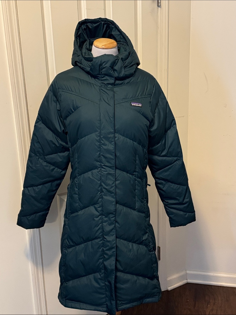 Patagonia Women's Down Hooded Long Puffer Coat in Teal Green